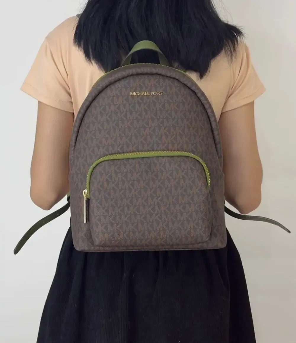 Michael Kors Erin Medium Brown MK Logo Green Trim Backpack